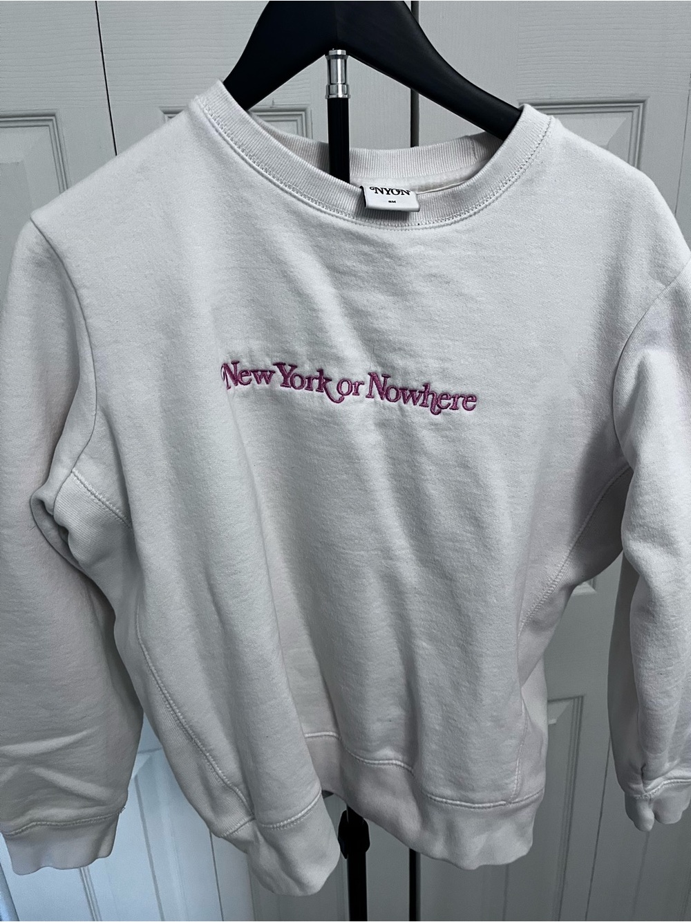 NYON White Crewneck Sweatshirt with Pink 'New York or Nowhere' Embroidery